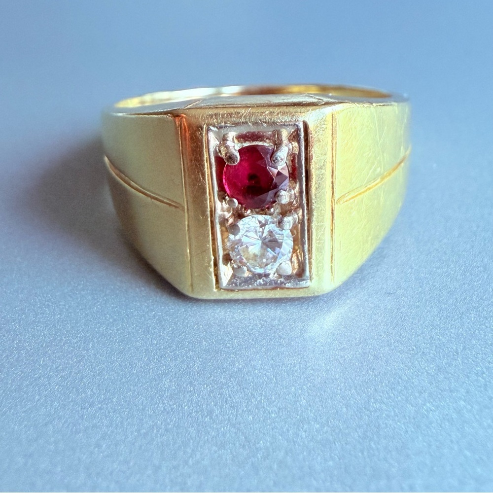 14k Gold Genuine Diamond & Ruby Men’s Vintage Retro MCM Signet Large Ring